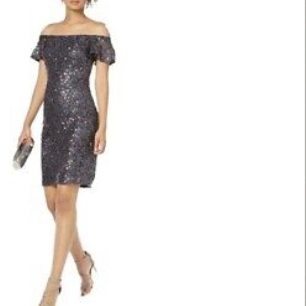 Nightway Silver Gray Sequence Lace Dress Off The Shoulder Size 4 NWT